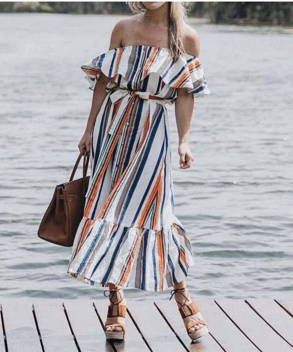 Anthropologie Moon River Jottie Off Shoulder Striped Linen Midi Dress M Boho